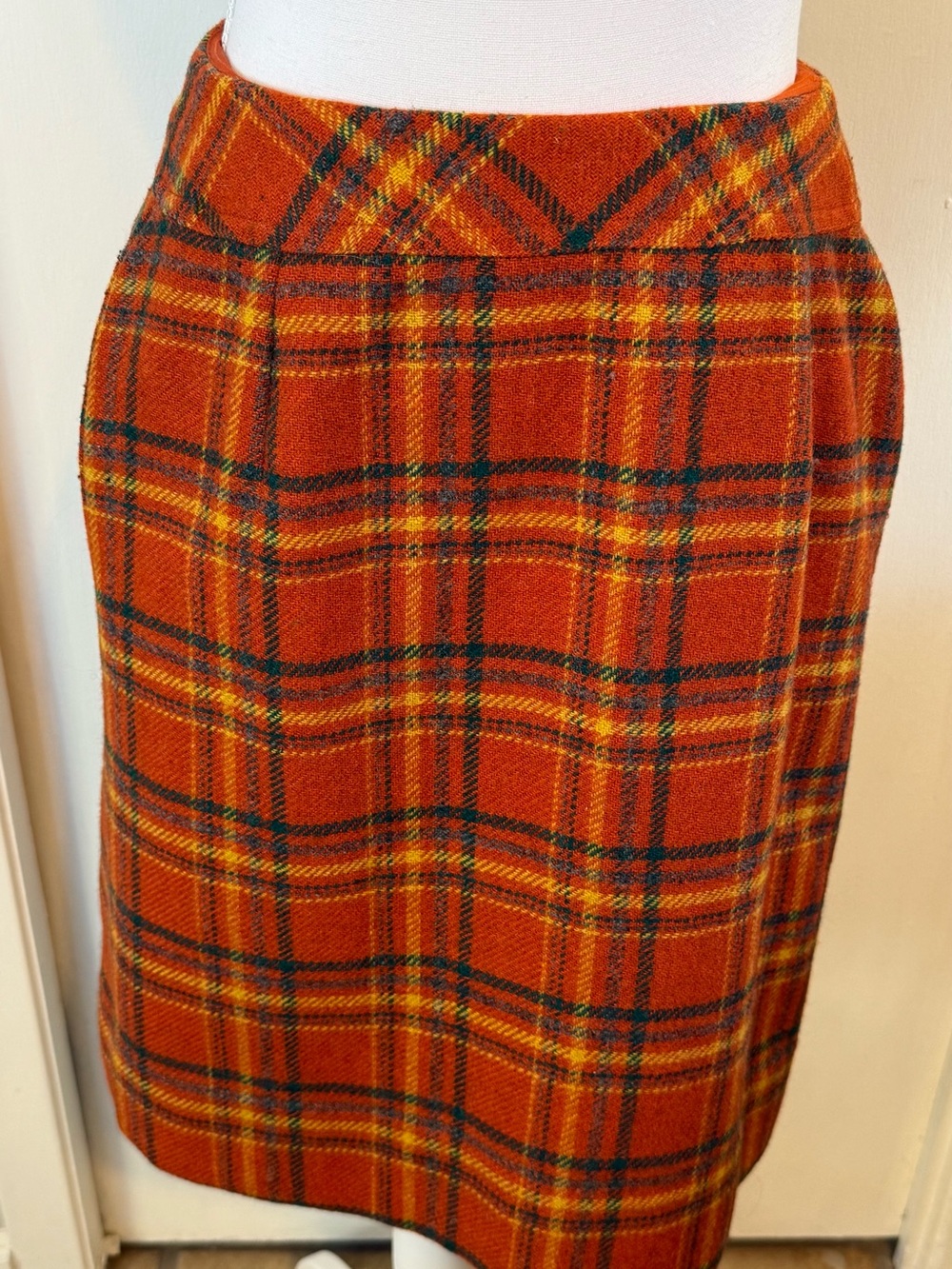 Vintage Orange Plaid Wool Blend Midi Skirt Fall Retro Button Accent Size Medium